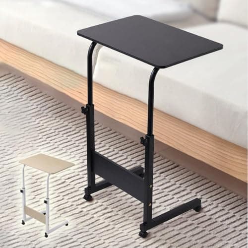 Japard Small Desk on Wheels, Mobile TV Tray Table Rolling Desk for Bed Sofa, Adjustable Height 23.6" Wide C-Shape Loadable 66lbs (White) (Black, 44 lbs Loadable)