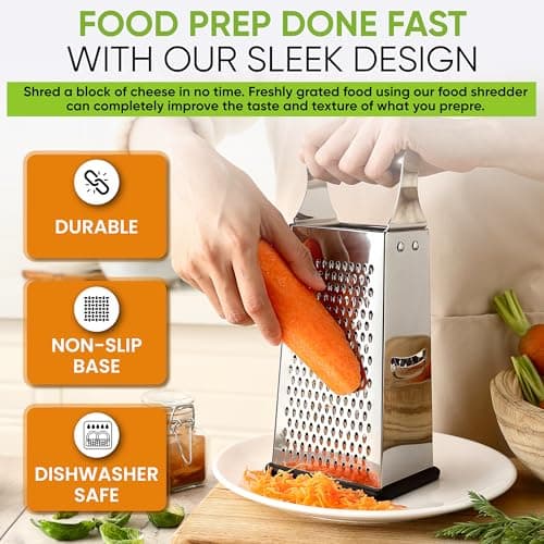 Spring Chef Professional Large Parmesan Cheese Grater, Stainless Steel Metal Box Grater with Handle, 4 Sided Handheld Kitchen Food Shredder for Cheese, Carrot, Veggie, Ginger, Potato - Dishwasher Safe 5