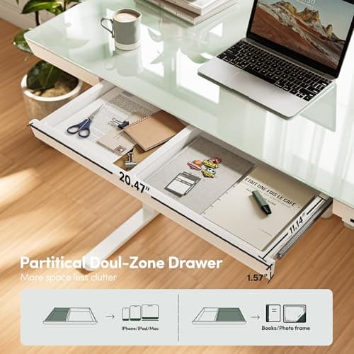 FEZIBO 48 × 24 Electric Standing Desk with Drawers, Whole-Piece Glass Adjustable Height Desk, One-Piece Quick Install Adjustable Sit Stand Desk, White 6