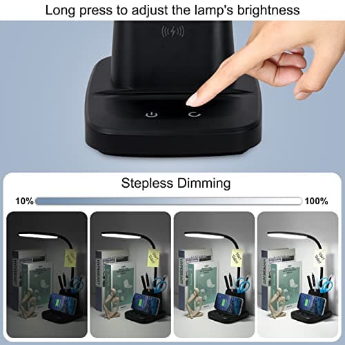 Sailstar Desk Lamp, LED Desk Lamps for Home Office, Wireless Charger Small Desk Lamp with Pen Holder, 3 Color Modes, Dimmable, CRI 85, 800LM, Study Lamps for College Dorm Room, Adapter Included, Black 5