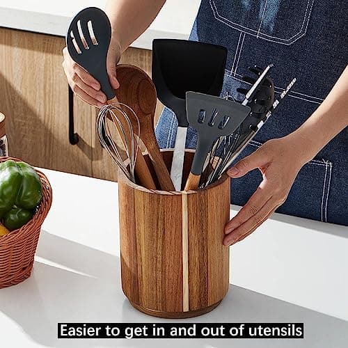 LOHONER Acacia Wood Utensil Holder for Kitchen Counter, 360° Rotating 7.2" Wooden Cooking Utensil Crock for Countertop, Farmhouse Kitchen Decor 5