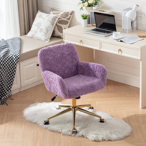 Warmiehomy Furry Cute Office Chair- Modern Swivel Desk Chair with Wheels- Makeup Vanity Chairs with Back - Alpaca Fleece Upholstered Rolling Chairs for Vanity Makeup Room Girls Women Violet 2