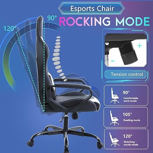 PayLessHere Ergonomic Racing Desk Chair Gaming Chair Computer Chair with Armrests 360° Swivel & Caster Pu Desk Task Chair Executive Headrest Lumbar Support for Back Pain Women Men and Adults (White) 5