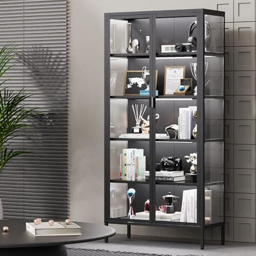 Eltean 71" H Display Cabinet with Glass Doors, 5 Tiers Curio Glass Display Cabinet with 3 Colors LED Sensor Light,Display Cabinets for Collectible with 4 Adjustable Shelves for Living Room,Bedroom 7