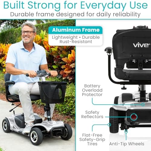 Vive 4 Wheel Mobility Scooter - Electric Powered Wheelchair Device - Compact Heavy Duty Mobile for Travel, Adults, Elderly - Long Range Power Extended Battery with Charger & Basket 8