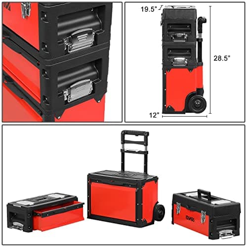 ‎DNA MOTORING 19.5" x 28.5" x 12" ‎3-Tier Stackable Separate Hand Case Tool Boxes Trolley, 3-in-1 Storage Compartments, Red, TOOLS-00222 5