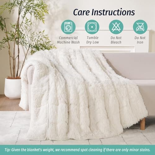 Wemore Shaggy Long Fur Faux Fur Weighted Blanket, Cozy and Fluffy Plush Sherpa Long Hair Blanket for Adult 15lbs, Fluffy Fuzzy Sherpa Reverse Heavy Blankets for Bed, Couch, Cream White, 48 x 72 Inches 7