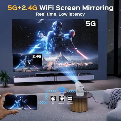 Mini Projector with WiFi & Bluetooth, Auto Keystone & Electric Focus, 270° Rotation Rechargeable Portable Outdoor Projector, Native 1080P 4K Supported for Home Theater & Camping 5