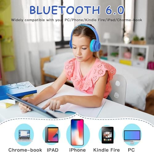 Candy Bila Kids Bluetooth 6.0 Headphones with LED Light, 85Hours Playtimes, Type-C Fast Charging, 85/94dB Volume Limited, Comfort Wireless Headphones with Built-in Mic, Wired & TF Card Mode, Blue 7