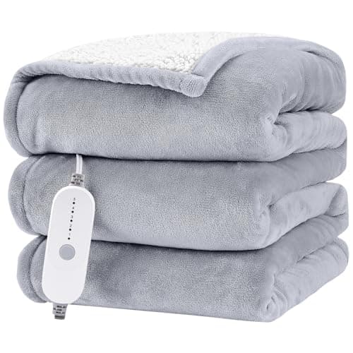 HYLEORY Heated Electric Blanket Throw 50"x60" Soft Fleece & Flannel with 5 Heating Levels & 3 Hours Timer Auto Shutt Off, ETL Certified, Washable，Heated Blanket for Body-Light Grey