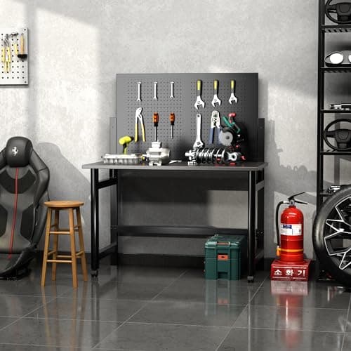 NICOMOW Heavy-Duty Wall-Mounted Workbench,Work Bench Table for Foldable,Suitable for Garage,Utility Room,Warehouse,MDF Material,Black,Including Hooks 7