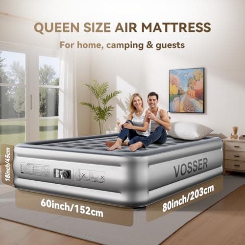 VOSSER Air Mattress Queen with Built in Pump,Blow Up Mattress in 3 Mins,18'' Raised Self Inflatable Mattress,Portable Airbed for Home,Floor&Travel,Queen Size Air Matress for Adults,660LB Max,Silver 9
