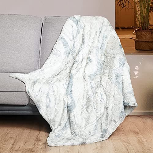 WOOMER Heated Blanket Throw 50" x 60", Electric Blanket Throw with 4 Heating Levels & 4H Auto Off, ETL Certified, Marble Blue Double-Sided Faux Fur, Over-Heat Protect, Machine Washable