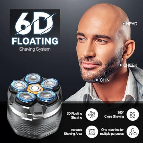 Detona Head Shavers for Bald Men - Newly Designed Magnetic 6D Electric Razor, IPX8 Waterproof Dry/Wet, 10000 RPM High Speed Motor for Fast Shaving, USB-C Cable and Storage Bag for Home & Travel, Gray 5