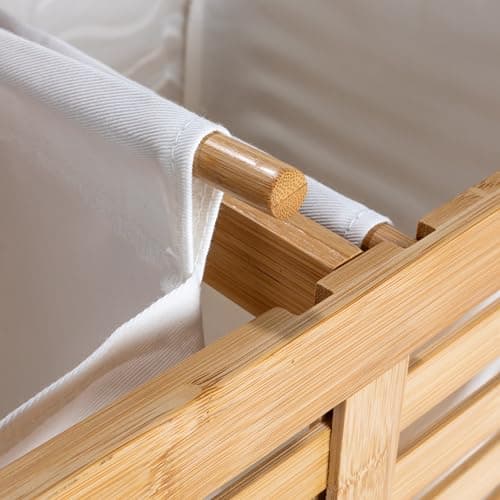 Household Essentials Bamboo and Cotton Double Laundry Sorter with Lid and Removable Cotton Bags, Natural 11