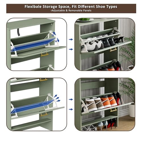 Glavbiku Shoe Storage Cabinet with 2 Flip Drawers, Louvered Shoe Cabinet for Entryway, Narrow Hidden Storage Organizer Space Saving, Shoe Rack Cabinet for Hallway Foyer, Green 5