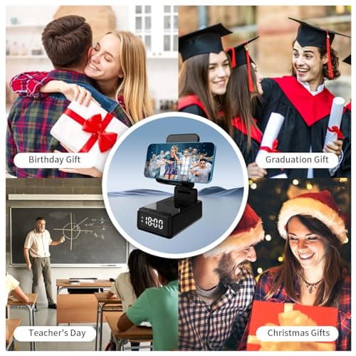 SHGUMITE Cell Phone Stand with Wireless Bluetooth Speaker 15W Wireless Charging, HD Surround Sound and Alarm Clock Bluetooth Speaker Holder for Phone, Tablet, Gifts for Men Women Dad (Black) 7