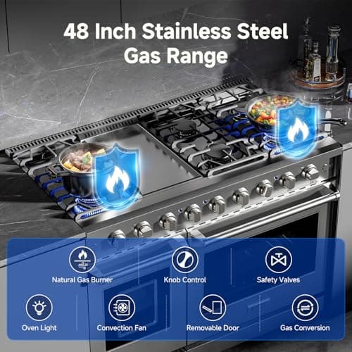 AAOBOSI 48 Inch Freestanding Gas Range Ovens with 7.0 cu.ft Large Capacity Double Convection Ovens, 6 Sealed Burners Plus Iron Grill Burner, Stainless Steel Gas Range Stove with NG/LPG Convertible 8