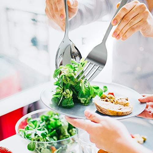 Stainless Steel Metal Serving Utensils - Large Serving sets - 10" Spoons, 10" Slotted Spoons, 10" Forks and 9" Tongs by Teivio (Silver, 12 - Pieces) 5