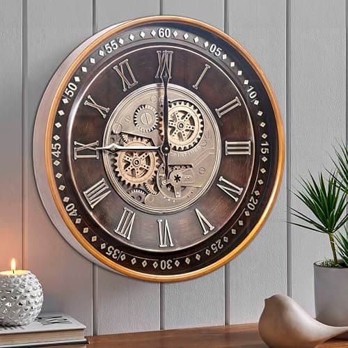 CLXEAST 24 Inch Wall Clock with Moving Gears,Oversized Large Industrial Steampunk Clock, Antique Gold Metal Roman Numeral Wall Clocks for Farmhouse Living Room Decor,Valentines Day Gifts 5