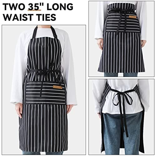 NLUS 2 Pack Kitchen Cooking Aprons, Adjustable Bib Soft Chef Apron with 2 Pockets for Men Women(Black/Brown Stripes) 5