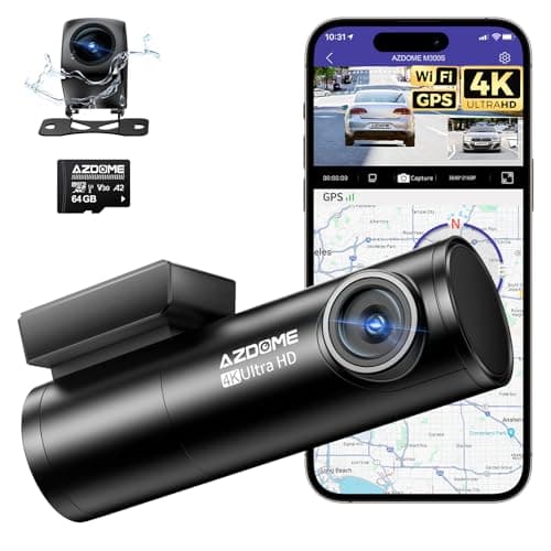 AZDOME M300S 4K Ultra HD Dual Dash Cam Front and Rear, Free 64GB Card, Built-in WiFi GPS Voice Control Car Camera, Night Vision, ADAS, 24 Hours Parking Monitor, Loop Recording (Matte Black)
