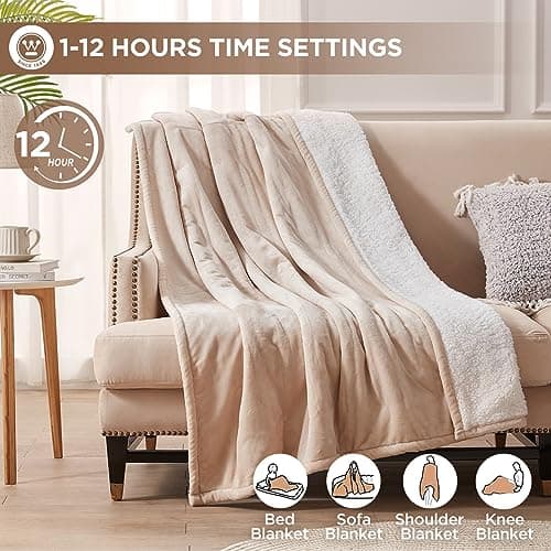 Westinghouse Heated Blanket Twin Size, Soft Flannel to Sherpa Electric Blanket with 10 Heating Levels, 1-12 Hours Auto Shut Off, Fast Heating, Machine Washable, 62x84 Inch, Beige 5
