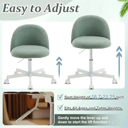 VINGLI Cute Candy Chair Armless Comfy Small Office Desk Vanity Chair with Wheels & Lumbar Support,Teddy Adjustable Rolling Swivel Computer Task Ch for Home Office,Bedroom,MintGreen 5