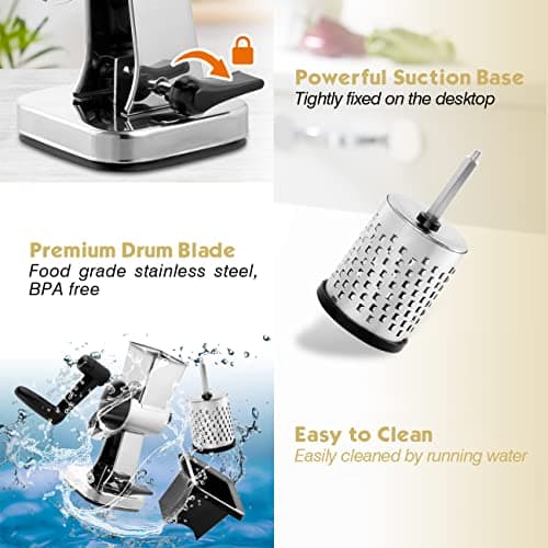 LHS Rotary Cheese Grater Stainless Steel Manual Handheld Cheese Shredder Grater Walnuts Grinder with 3 Interchangeable Drum Blades for Chocolate, Cheese and Nuts-7.7 Inch High 6