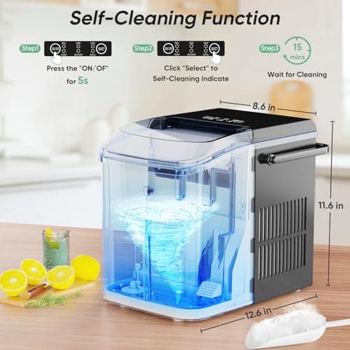 Sweetcrispy Countertop Ice Maker Machine Self-Cleaning, Fast Making 9 Ice Cubes in 6 Minutes, 26.5lbs/24Hrs, 2 Sizes Bullet Ice, Portable Ice Machine with Ice Scoop, Basket and Handle, Black 6