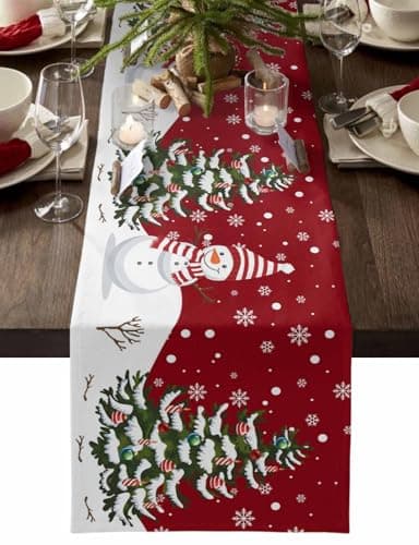 Christmas Table Runner - Cotton Linen 36 Inches, Snowman Rustic Red Snowflake Bed Runner Dress Scarves, Farm Xmas Tablerunner for Dining/Holiday/Coffee Table 13"x 36"