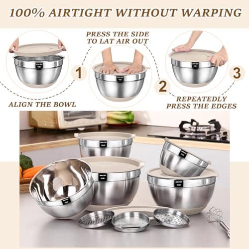 Umite Chef Mixing Bowls with Airtight Lids Set, 8PCS Stainless Steel Khaki Nesting Bowls with Grater Attachments, Kitchen Bowls with Non-Slip Bottoms, Size 5, 4, 3.5, 2, 1.5QT for Mixing & Serving 7