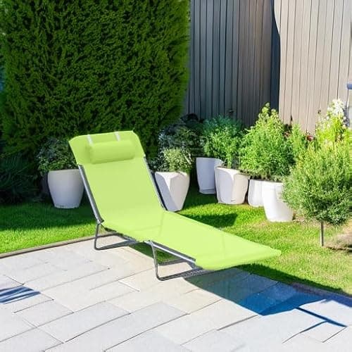 Outsunny Folding Chaise Lounge Pool Chairs, Outdoor Sun Tanning Chairs with Pillow, Reclining Back, Steel Frame & Breathable Mesh for Beach, Yard, Patio, Green 6