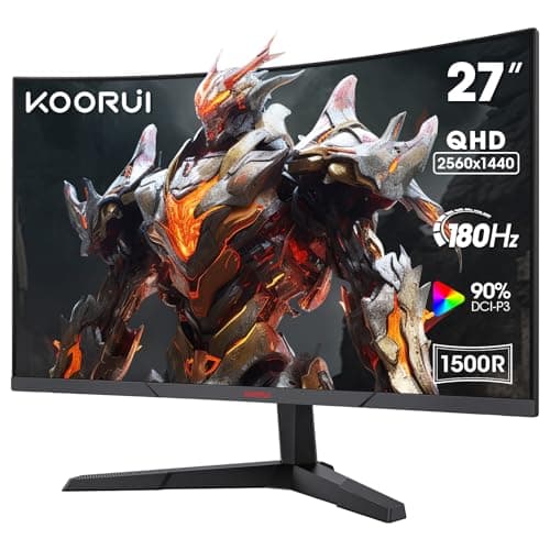 KOORUI 27" Curved Gaming Monitor,180Hz QHD 1440P Computer Monitor, 1ms R1500 VA Display, HDR10,90% DCI-P3, Adaptive Sync, VESA Compatible,Tilt Adjustable 27E6QCA