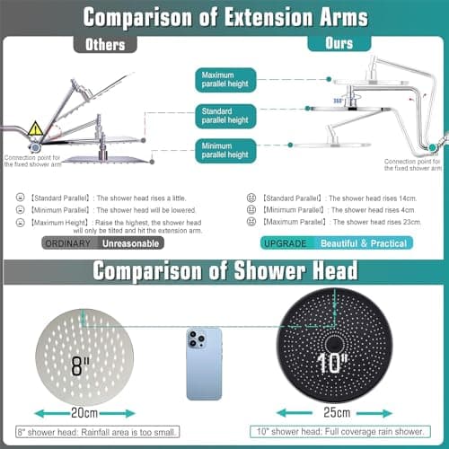 10" Rainfall Shower Head with Handheld Combo, Upgrade 12" Extension Arm Height Adjustable, 3-Way High Pressure Spray, Shower Holder Extra Long Hose, Chrome 5