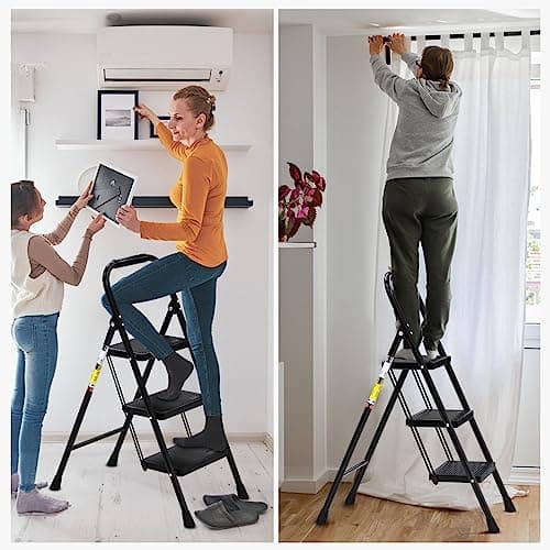 3 Step Ladder EFFIELER Folding Step Stool with Wide Anti-Slip Pedal, 500 lbs Sturdy Steel Ladder, Convenient Handgrip, Lightweight, Portable Steel Step Stool for Household, Kitchen (Matte Black) 6