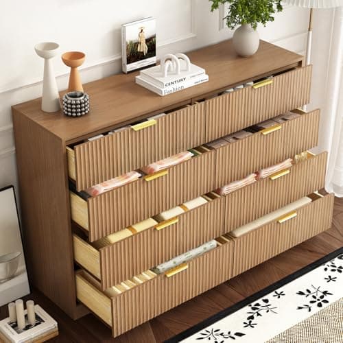 Sscaktu 8 Drawer Dresser for Bedroom, Modern Fluted Double Dresser, 55" Wide Chest of Dressers, Mid Century Wooden Beside Table for Closet, Living Room and Entryway, Natural 7