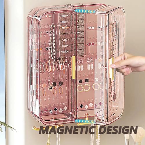 YFUIF Jewelry Boxes & Organizers Display Cabinet, Bedroom Wall Storage Decor Aesthetic, Acrylic Hanging Mounted Holder Earring Ring Necklace Preppy Teen Girl Birthday Gifts 11x8in (Ash Gold) 5