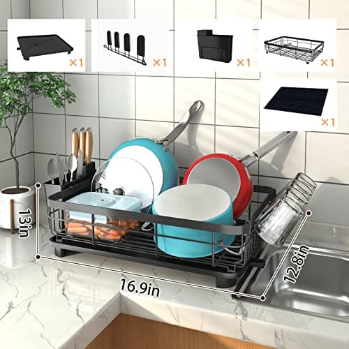 Godboat Dish Drying Rack, Dish Rack with Auto-Drain & Mat, Dish Drainers for Kitchen Counter, Glass Organizer for 4 Cups, 3 Slots Utensil Holder, Gifts for Women Mothers Day, Kitchen Gadgets & Decor 8