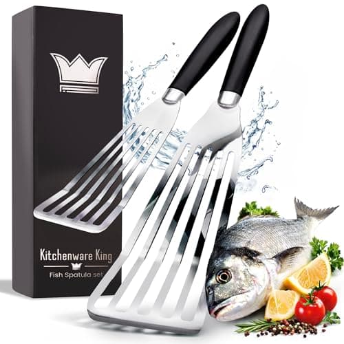 Professional Fish Spatula Stainless Steel Set - 1 Large + 1 Small stainless steel spatula - mirror polished spatulas with heat resistant ergonomic handles - fish turner for Flipping, Frying & Grilling
