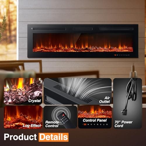 oneinmil Electric Fireplace, 50 inch Wide Recessed/Wall Mounted Electric Fireplace, Remote Control with Timer 12 Adjustable Color Flame, Remote Control,with Crystal Stone, 750/1500W 5