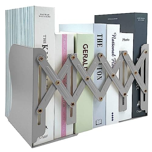 Adjustable Bookends, 19 inches 2 Dividers Heavy Duty Metal Book Holders, Book Storage Rack, Desk Organizer Magazine File Holder for Office, School, Bookstore and Home, Grey