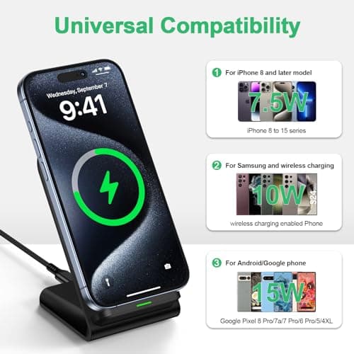 Samsung Wireless Charger Fast Charging Stand Wireless Android Desk Phone Charger Pad 15W for Samsung Galaxy S25 FE S24 S25 Ultra Plus S24FE S23FE S22 S21, Pixel 10 9, iPhone 17 16, with 18W Adapter 7