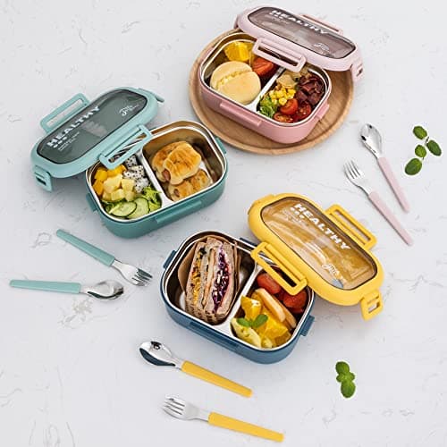Lille Home 28oz Stainless Steel Leakproof 2-Compartment Bento Lunch Box/Portion Control Food Container with Lunch Bag and Cutlery Set, BPA Free (pink) 6