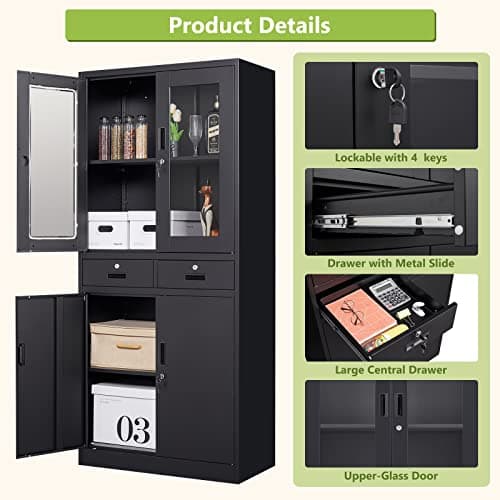 AFAIF Glass Display Cabinet with Drawers, Lockable Metal Storage Cabinet with 2 Adjustable Shelves, 71'' Tall Cabinet for Home, Black 5