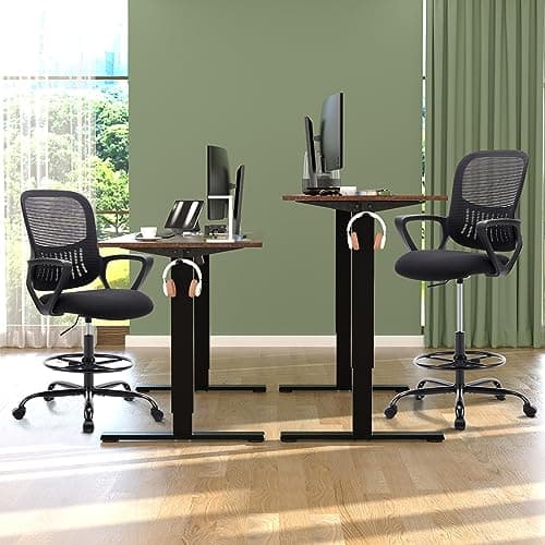DUMOS Drafting Chair - Counter Height Adjustable Tall Office Desk Chair with Fixed Armrests and Comfortable Lumbar Support for Standing Desk, Deep Black 2
