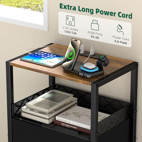 vimiroo Nightstands Set of 2, End Table with Charging Station, Side Tables Bedroom with 4 Fabric Drawers, 3-Tier Bedside Table with Storage Shelf for Living Room, Office, Bedroom (Black) 4