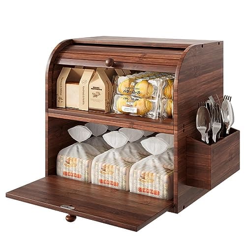 TQVAI Bamboo Bread Box for Kitchen Counter Dobule Layer Roll Top Bread Storage Container with Silverware Basket - Can Use as 2 Individual Bread Bin - Assembly Required, Retro Brown