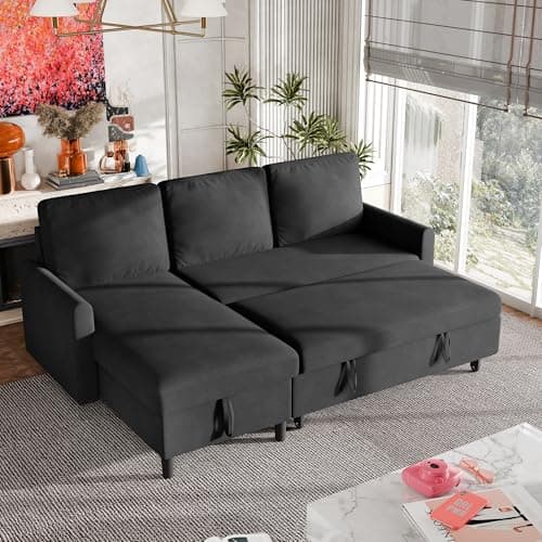 Vongrasig 2 in 1 Pull Out Sleeper Sofa with Storage, L Shaped Convertible Sofa with Storage Chaise Linen Fabric for Living Room, Small Space, Black