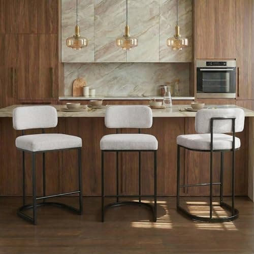 26" H Counter Height Bar Stools Set of 3, Modern Linen Fabric Upholstered Barstools with Backrest for Kitchen Island, Black Metal Frames, Wheat